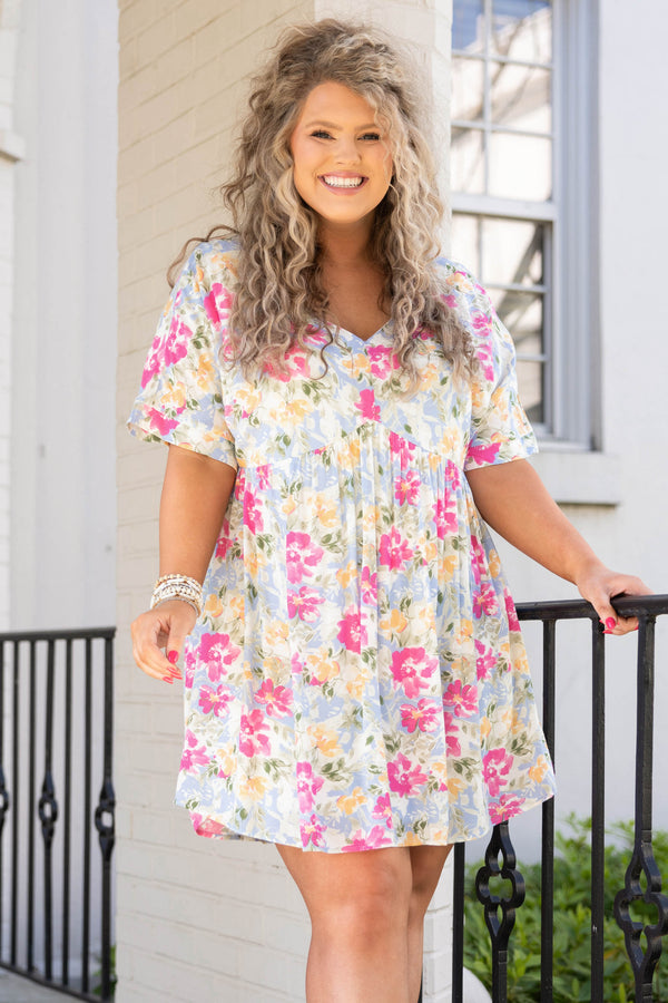 Chic Soul plus size clothing, baby blue dress with multicolor floral pattern
