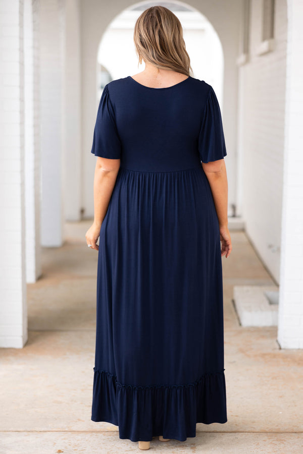 Chic Soul plus size clothing, navy ruffle hem maxi dress with twist neckline