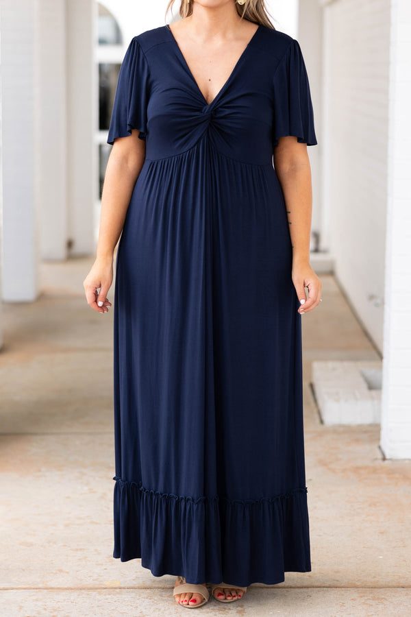 Chic Soul plus size clothing, navy ruffle hem maxi dress with twist neckline