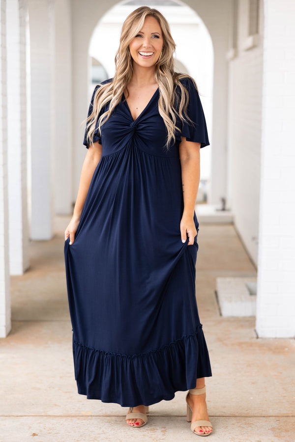 Chic Soul plus size clothing, navy ruffle hem maxi dress with twist neckline