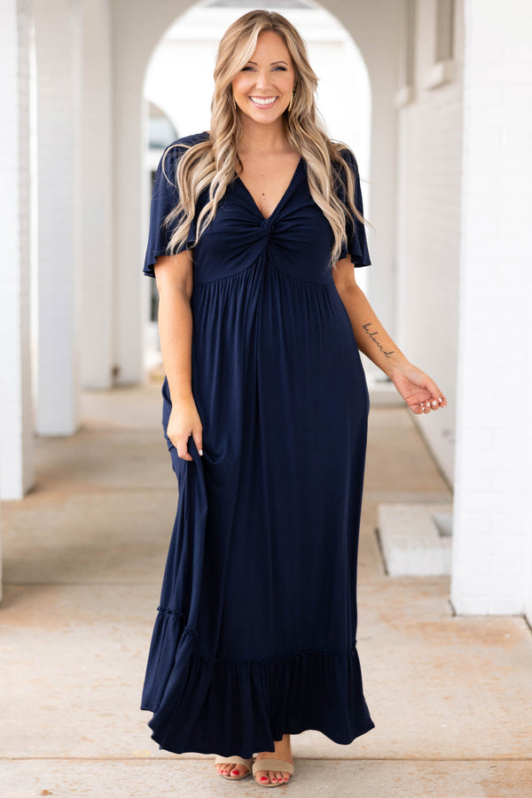 Chic Soul plus size clothing, navy ruffle hem maxi dress with twist neckline