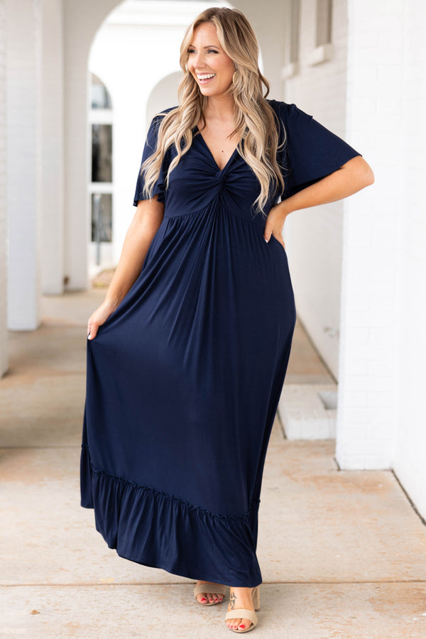 Chic Soul plus size clothing, navy ruffle hem maxi dress with twist neckline