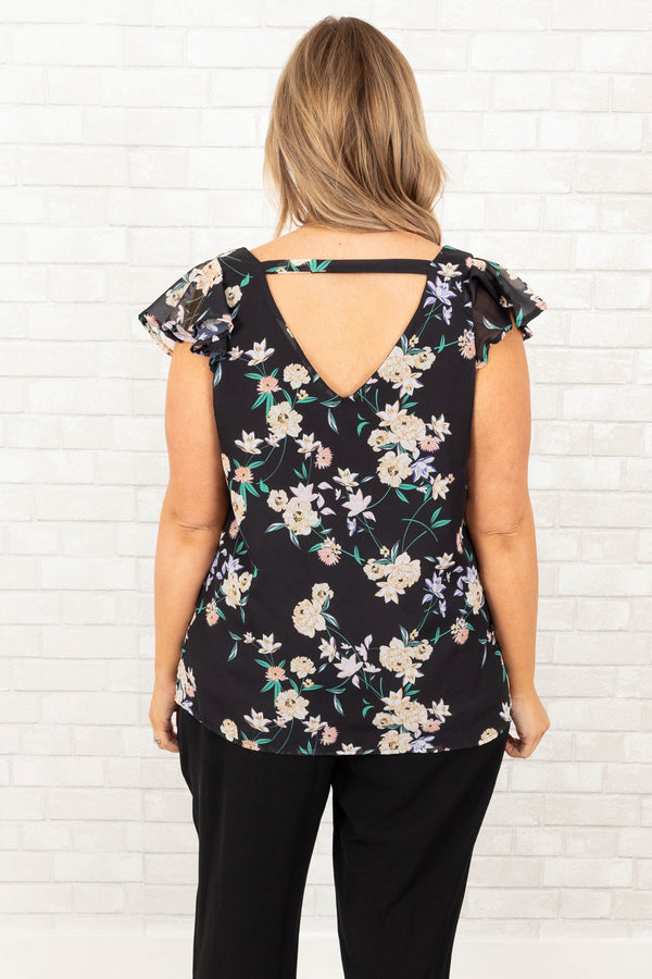 Chic Soul plus size clothing, black floral pattern top with flutter sleeves