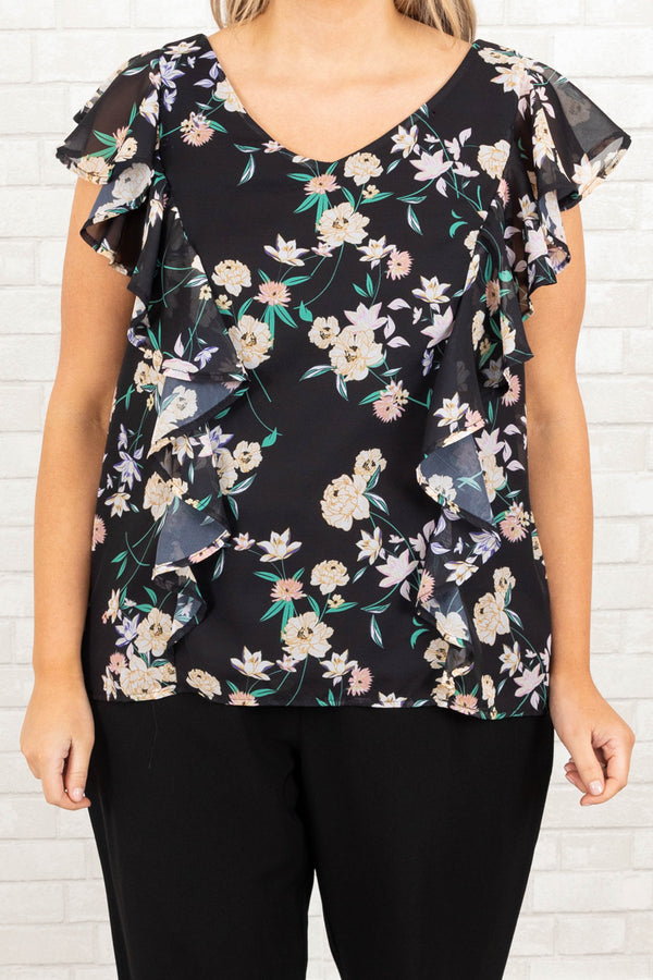 Chic Soul plus size clothing, black floral pattern top with flutter sleeves