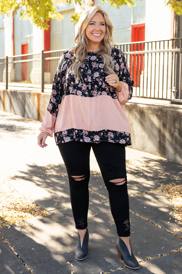 Chic Soul plus size clothing, black/copper floral color block long sleeve babydoll top