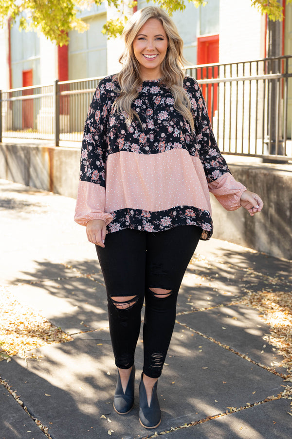 Chic Soul plus size clothing, black/copper floral color block long sleeve babydoll top