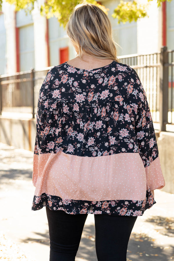 Chic Soul plus size clothing, black/copper floral color block long sleeve babydoll top