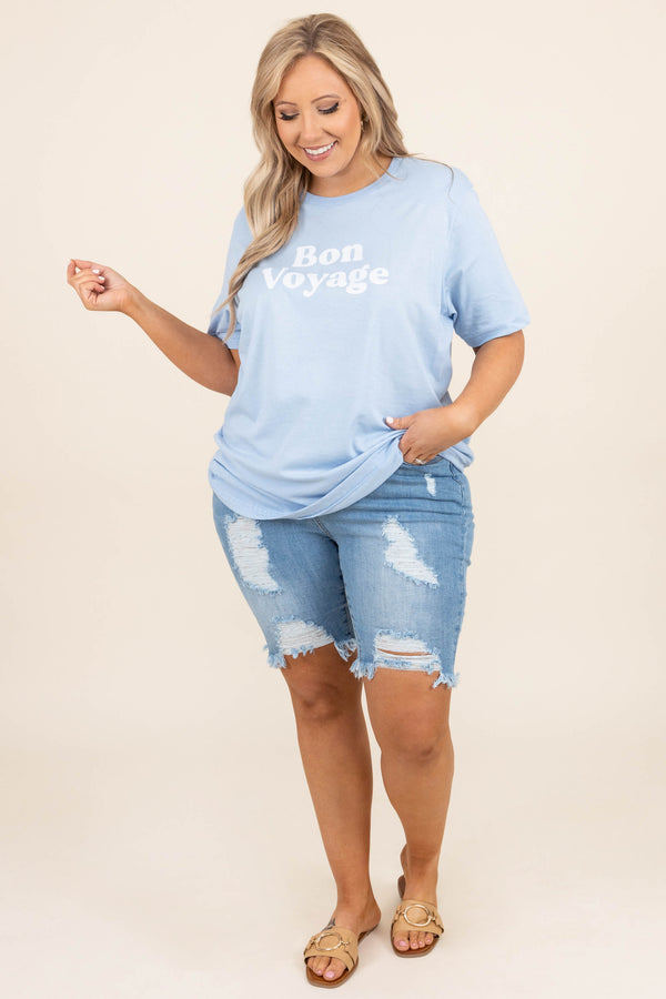 Chic Soul plus size clothing, light wash high waisted mid length distressed denim shorts