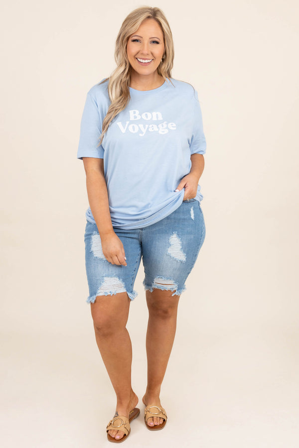 Chic Soul plus size clothing, light wash high waisted mid length distressed denim shorts