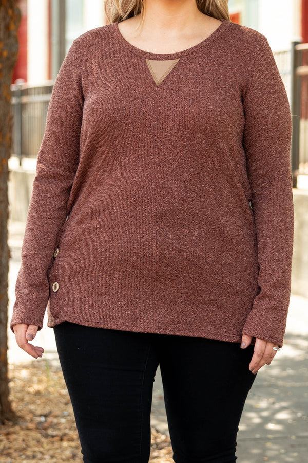 Chic Soul plus size clothing, red brown long sleeve shirt with button details