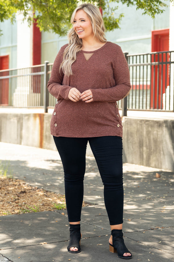 Chic Soul plus size clothing, red brown long sleeve shirt with button details