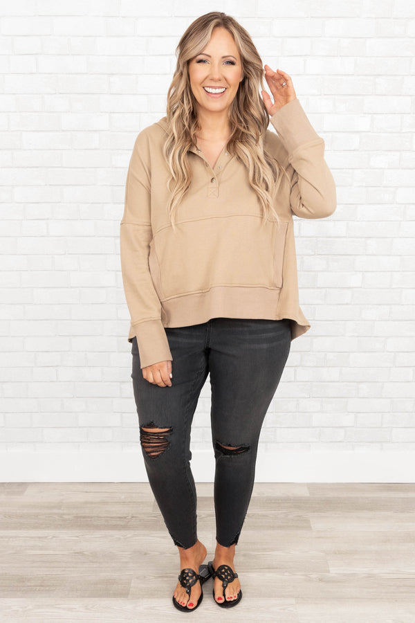 Chic Soul plus size clothing, khaki colored hoodie with pockets