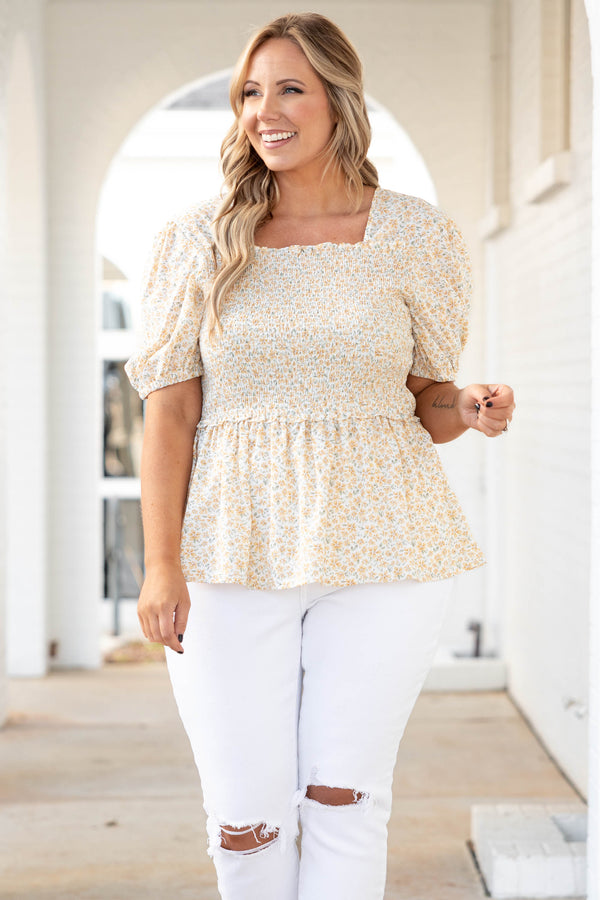 Chic Soul plus size clothing, yellow floral print smocked shirt with puff sleeves