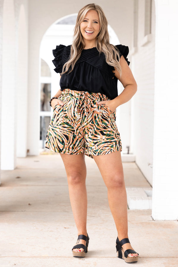 Chic Soul plus size clothing, olive and salmon patterned shorts with waist tie