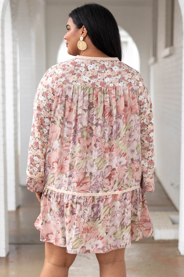 Chic Soul plus size clothing, blush multicolor floral pattern dress with bubble sleeves