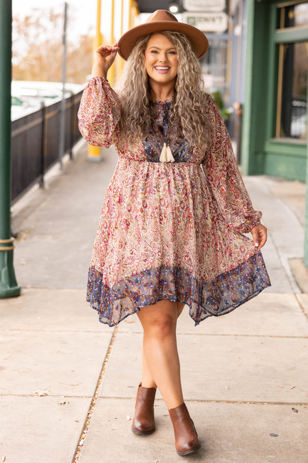 Chic Soul plus size clothing, multi floral long bubble sleeve babydoll dress