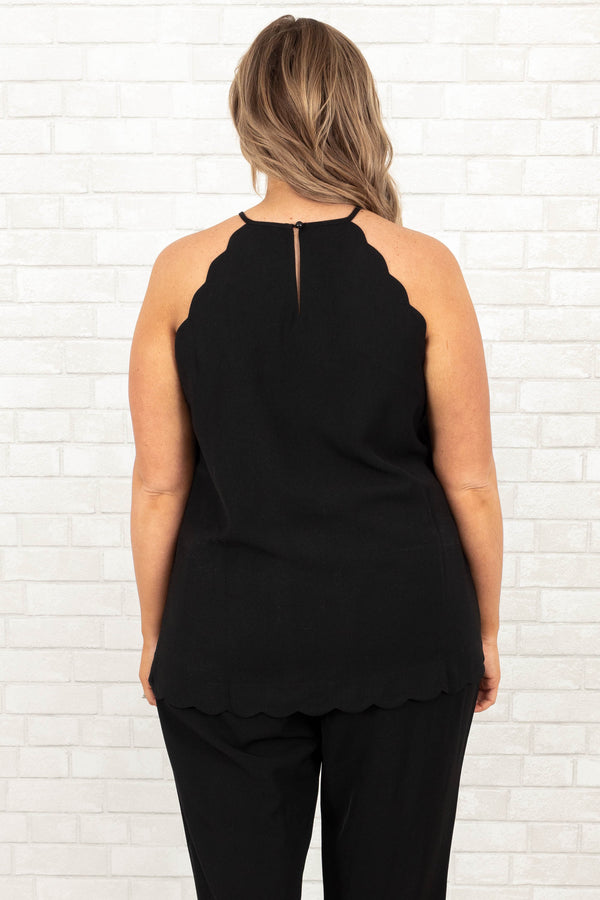 Chic Soul plus size clothing, black halter tank with scalloped hemline and around the sleeves