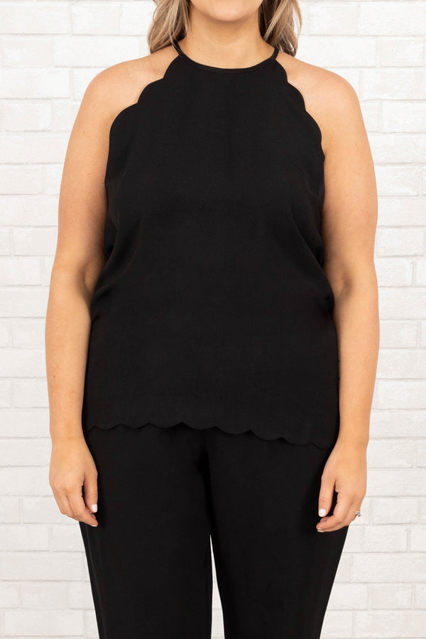 Chic Soul plus size clothing, black halter tank with scalloped hemline and around the sleeves