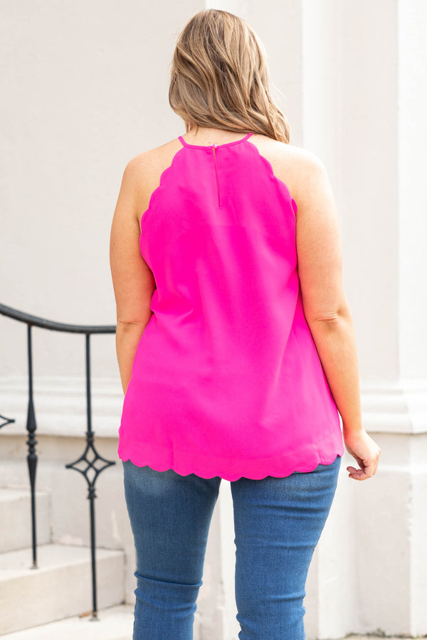 Chic Soul plus size clothing, fuchsia pink halter neck tank with scalloped hemline and sleeves
