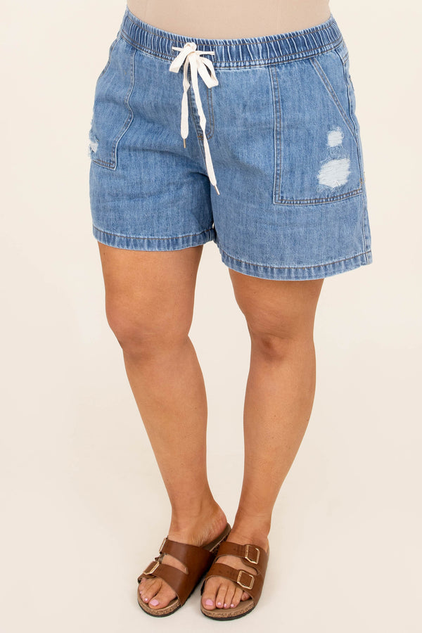 Chic Soul plus size clothing, light wash denim stretchy drawstring casual shorts with front and back pockets