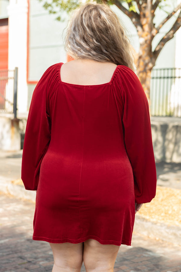 Chic Soul plus size clothing, red solid long cuffed sleeve dress