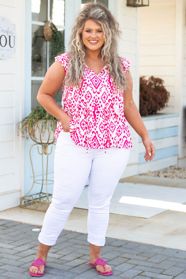Chic Soul plus size clothing, white top with hot pink pattern and flutter sleeves