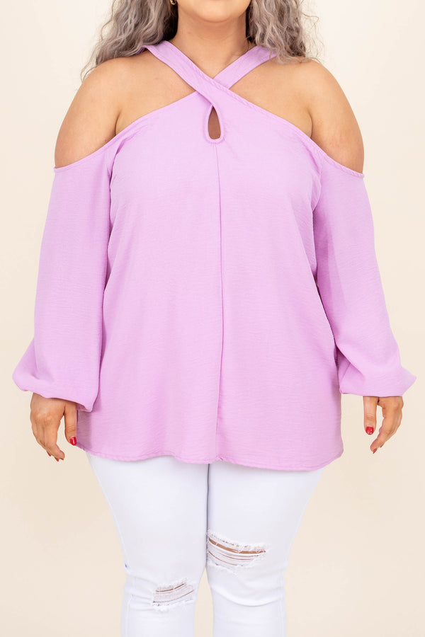Chic Soul plus size clothing, orchid pinkish purple halter cutout long bubble sleeve top