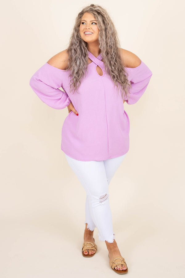 Chic Soul plus size clothing, orchid pinkish purple halter cutout long bubble sleeve top
