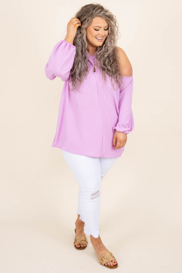 Chic Soul plus size clothing, orchid pinkish purple halter cutout long bubble sleeve top