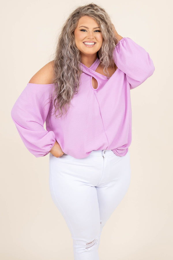 Chic Soul plus size clothing, orchid pinkish purple halter cutout long bubble sleeve top