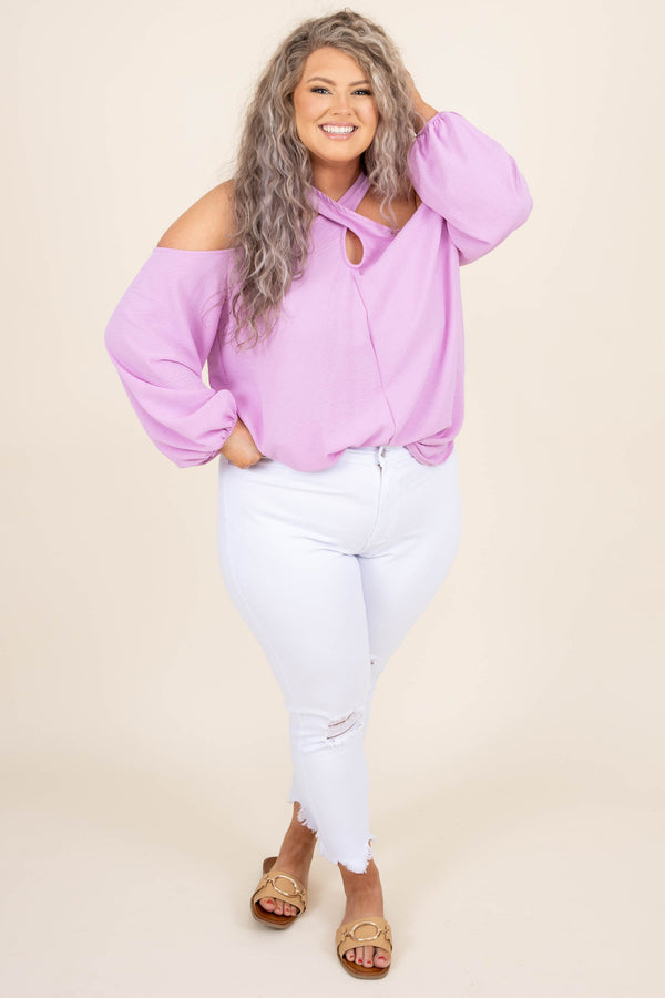 Chic Soul plus size clothing, orchid pinkish purple halter cutout long bubble sleeve top
