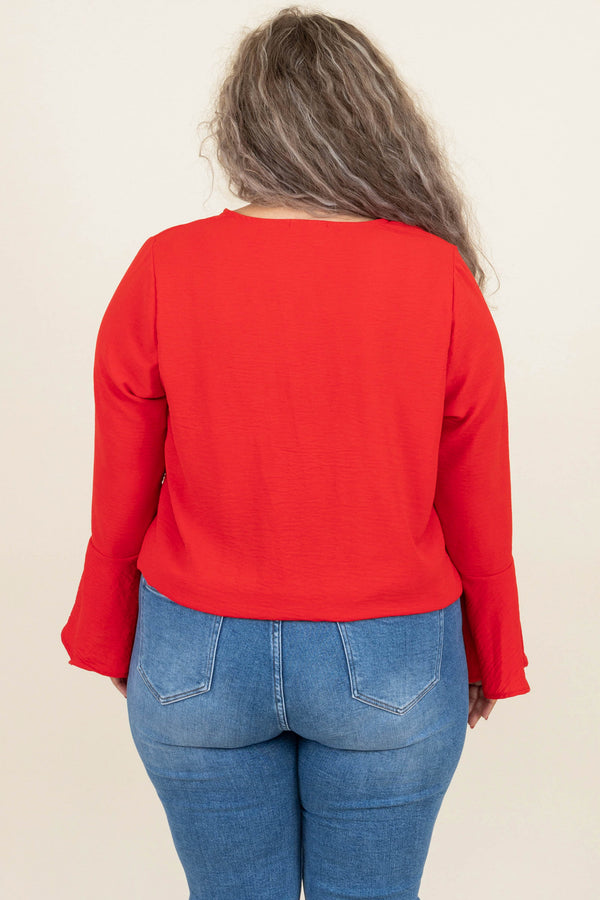 Chic Soul plus size clothing, coral red v neck long bell sleeve tie front top