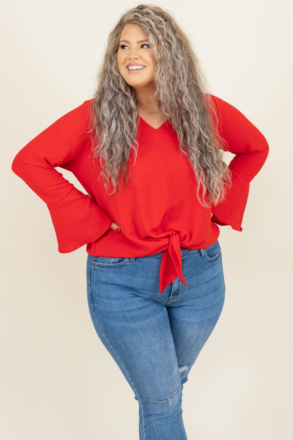 Chic Soul plus size clothing, coral red v neck long bell sleeve tie front top