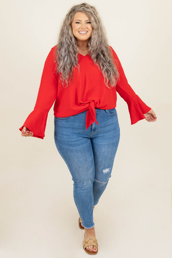 Chic Soul plus size clothing, coral red v neck long bell sleeve tie front top