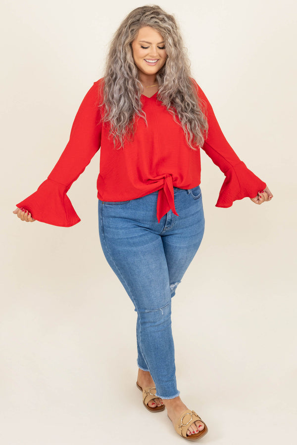 Chic Soul plus size clothing, coral red v neck long bell sleeve tie front top