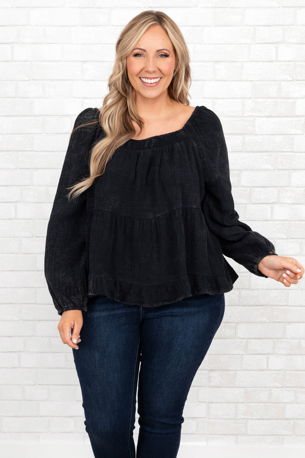 Chic Soul plus size clothing, black long sleeve top with square neckline