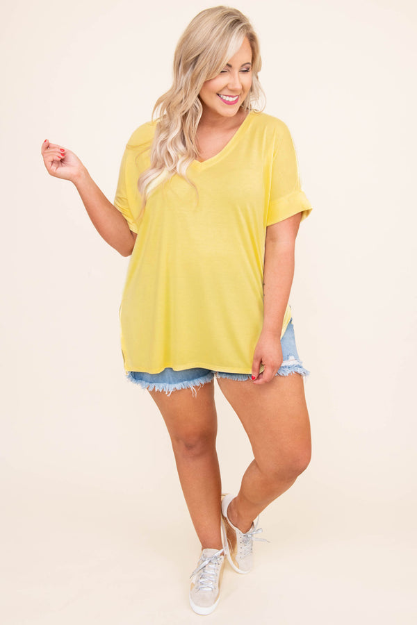 Chic Soul plus size clothing, yellow flowy short sleeve top with cuffed sleeves