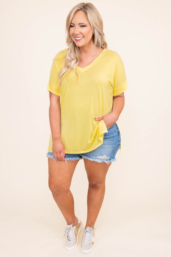 Chic Soul plus size clothing, yellow flowy short sleeve top with cuffed sleeves