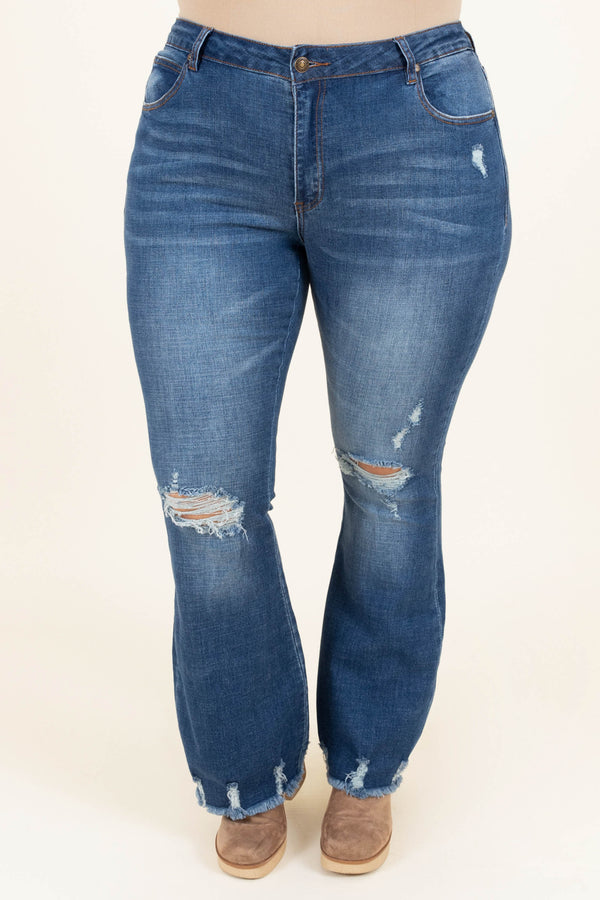 Chic Soul plus size clothing, dark wash distressed flare jeans