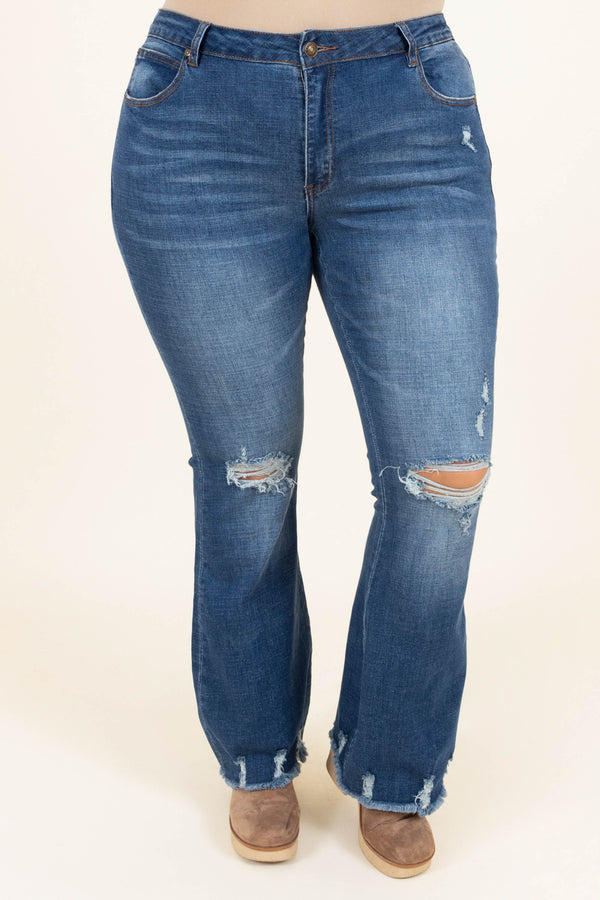 Chic Soul plus size clothing, dark wash distressed flare jeans