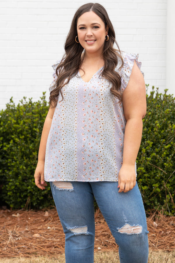 Chic Soul plus size clothing, lilac v neck short ruffle sleeve floral pattern top