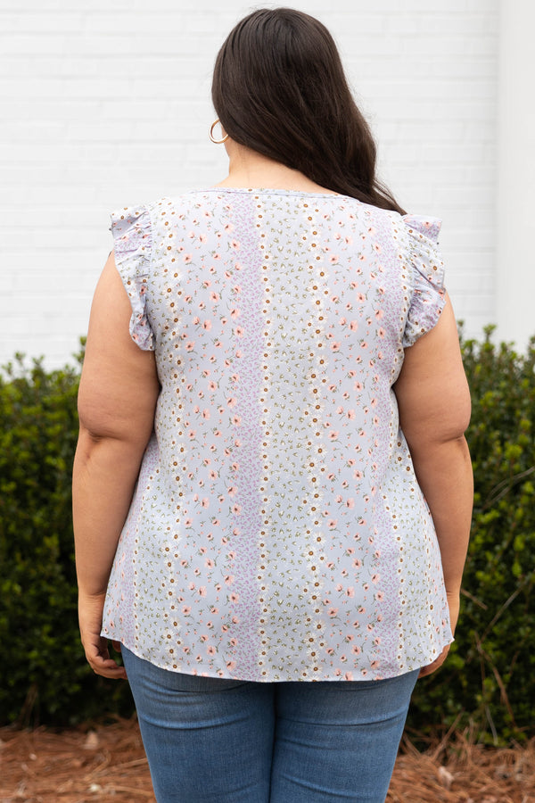 Chic Soul plus size clothing, lilac v neck short ruffle sleeve floral pattern top