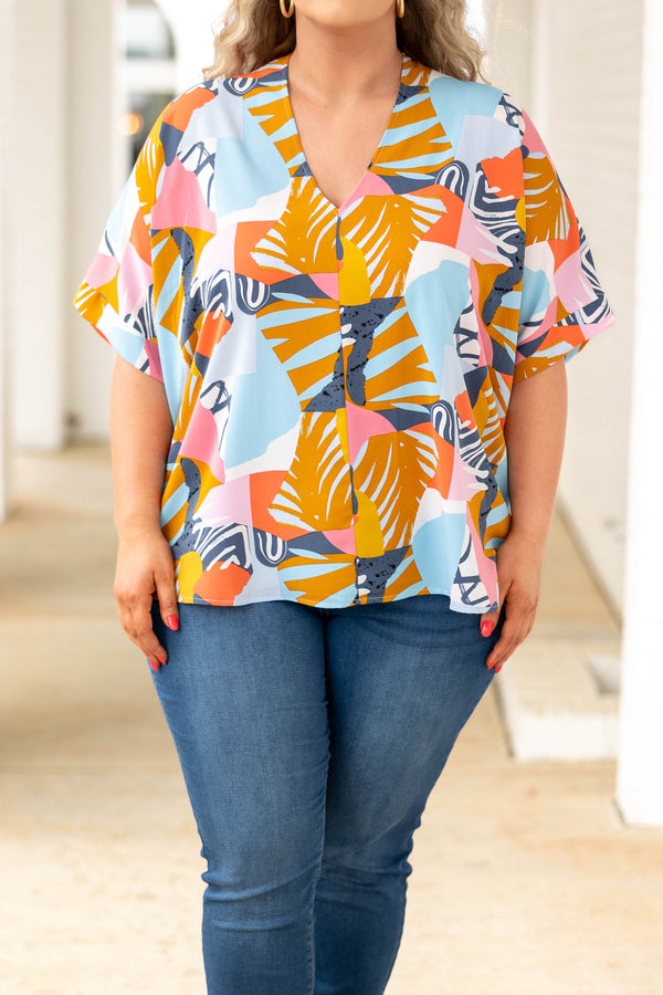 Chic Soul plus size clothing, multicolor abstract pattern blouse with a v neck