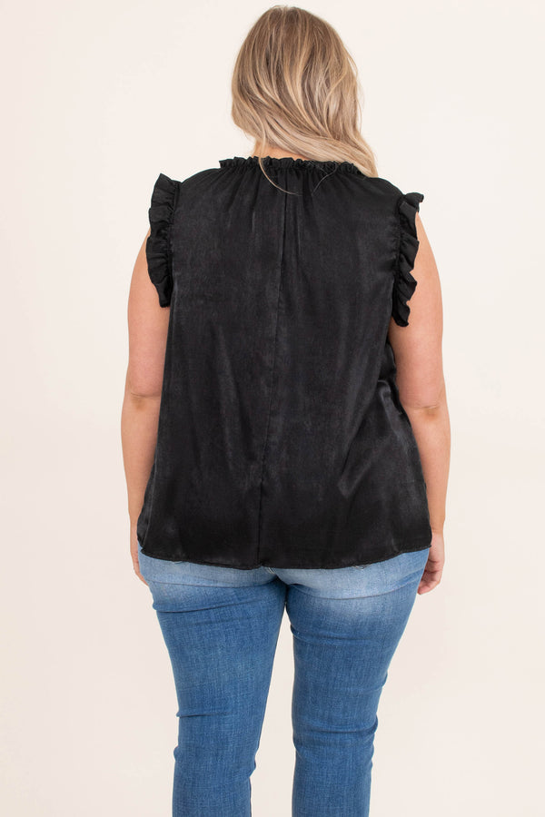 Chic Soul plus size clothing, solid black high neck short flutter sleeve top