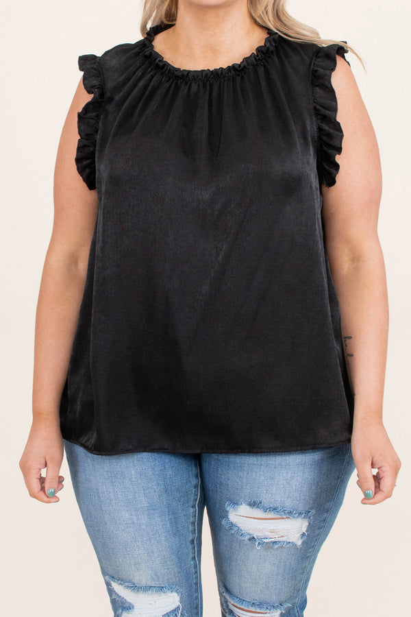 Chic Soul plus size clothing, solid black high neck short flutter sleeve top