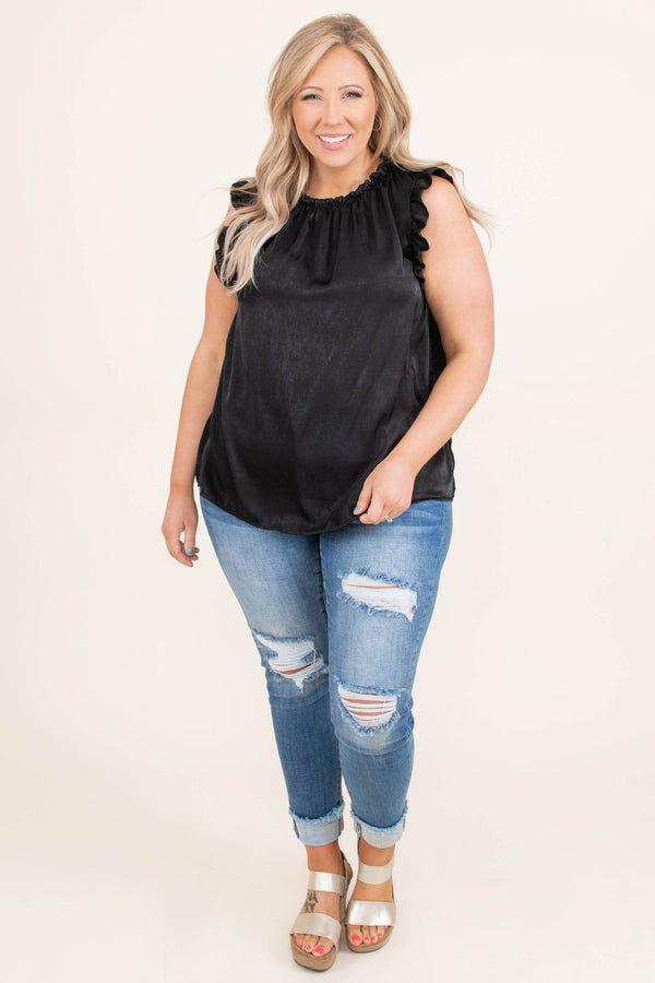 Chic Soul plus size clothing, solid black high neck short flutter sleeve top