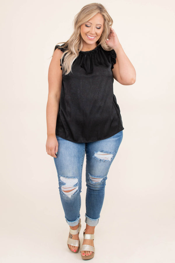 Chic Soul plus size clothing, solid black high neck short flutter sleeve top