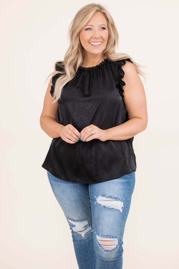 Chic Soul plus size clothing, solid black high neck short flutter sleeve top