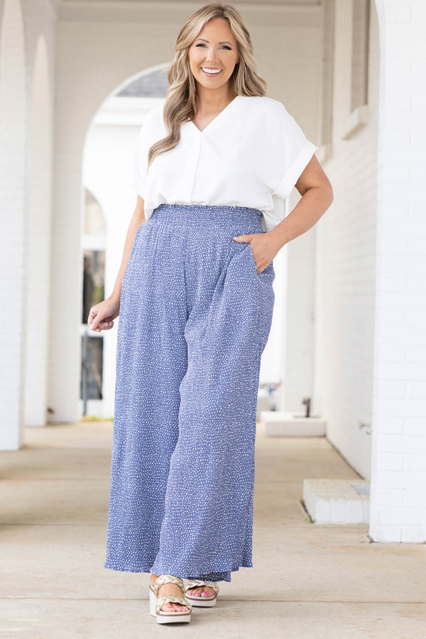 Chic Soul plus size clothing, blue pants with white polka dots and smocked waistband