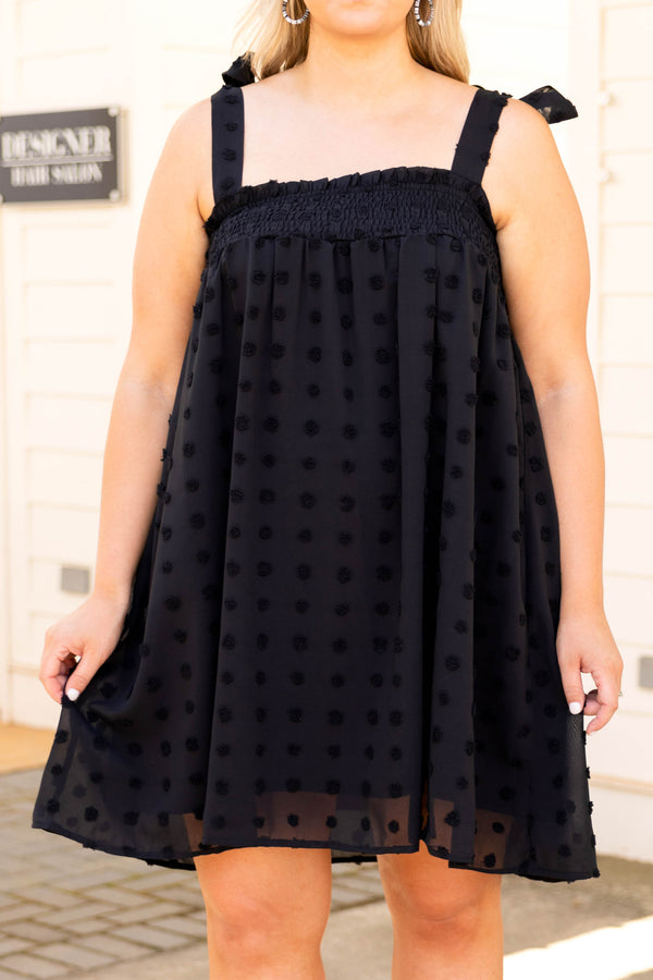 Chic Soul plus size clothing, black swiss dot style sleeveless tank style tie sleeves dress